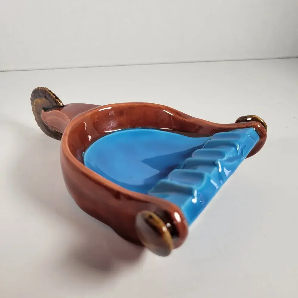 Spur Ashtray with Handle, Mid-Century Modern Farmhouse Vintage Blue and Brown
